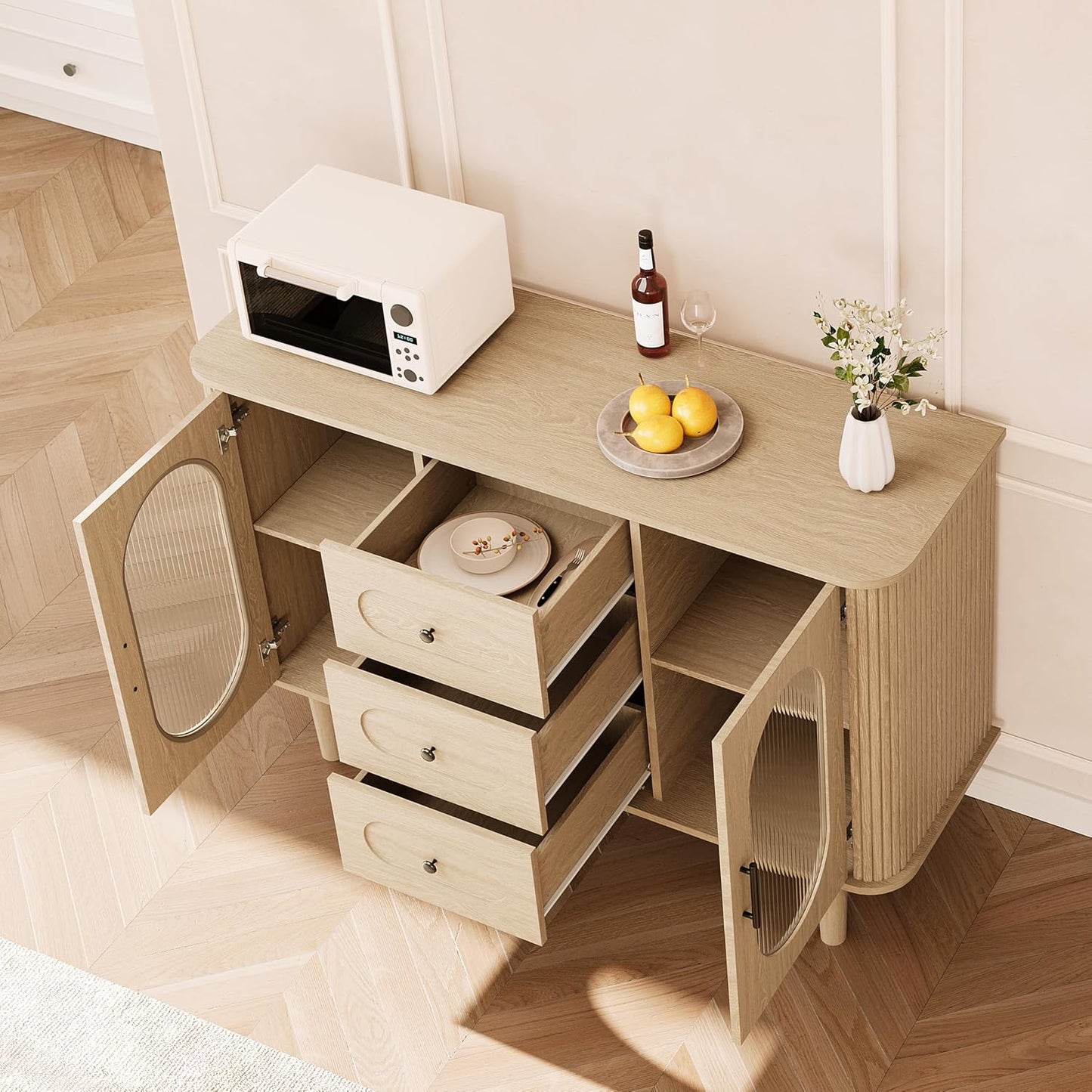 GarveeHome 47.2" Sideboard Buffet Cabinet with 2 Fluted Glass Doors & 3 Drawers, Modern Farmhouse Accent Coffee Bar with Adjustable Shelves for Kitchen, Living Room, Hallway, Natural