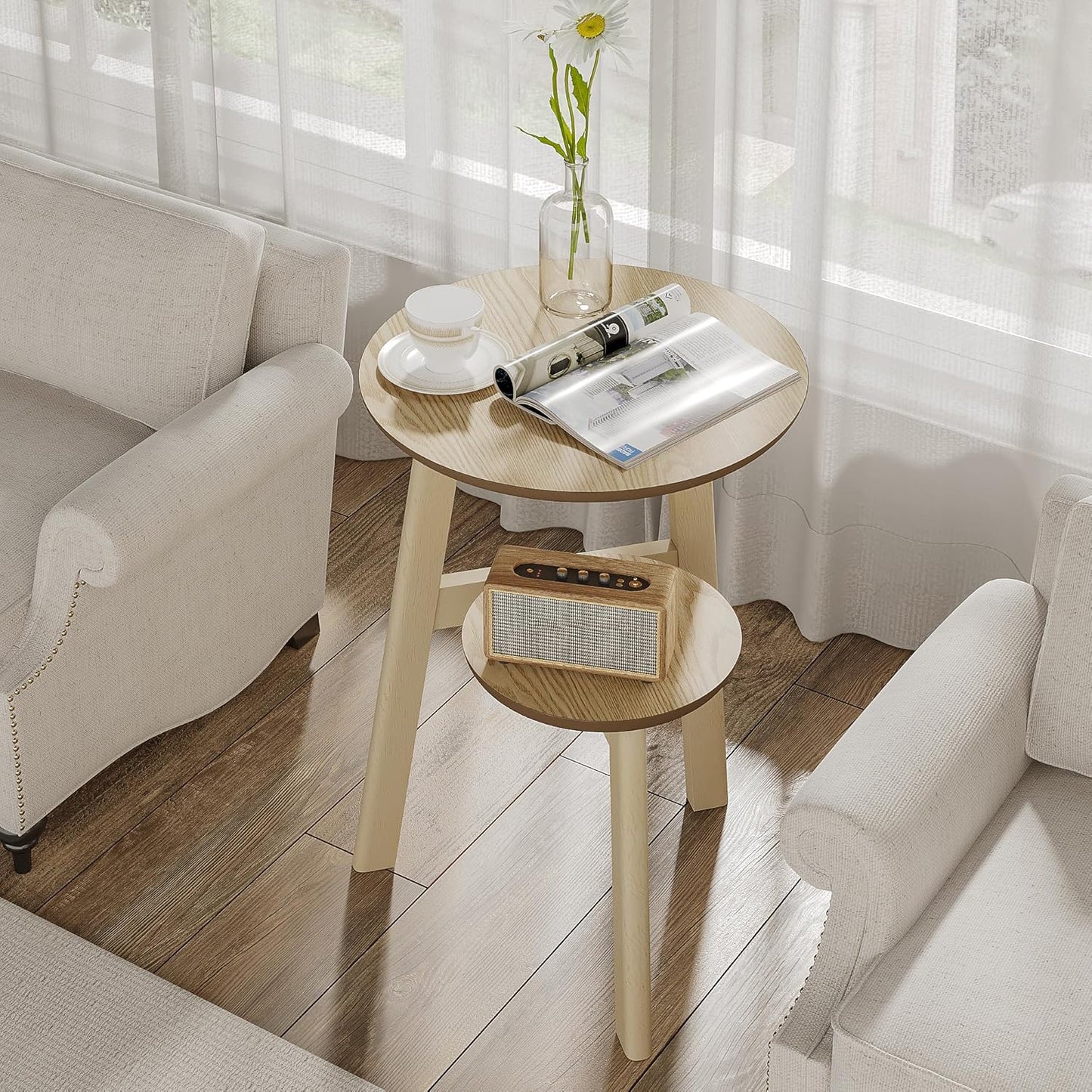 ChooChoo Round End Table Set of 2, Narrow Side Table for Small Spaces, Accent Table Night Stand with 2 Tier Shelf for Bedroom and Living Room, Natural