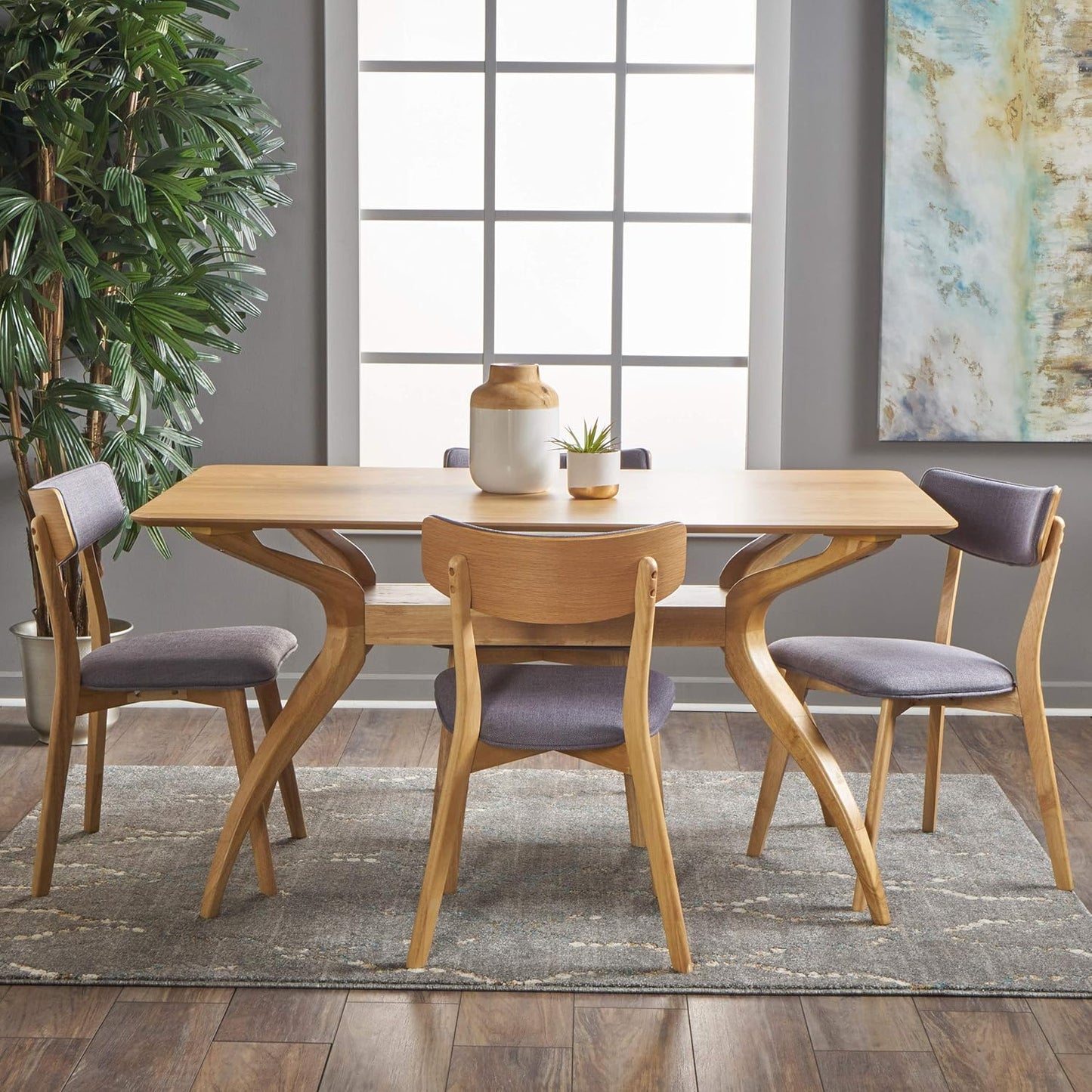 Christopher Knight Home Nissie Mid-Century Wood Dining Set with Fabric Chairs, 5-Pcs Set, Natural Oak Finish / Dark Grey