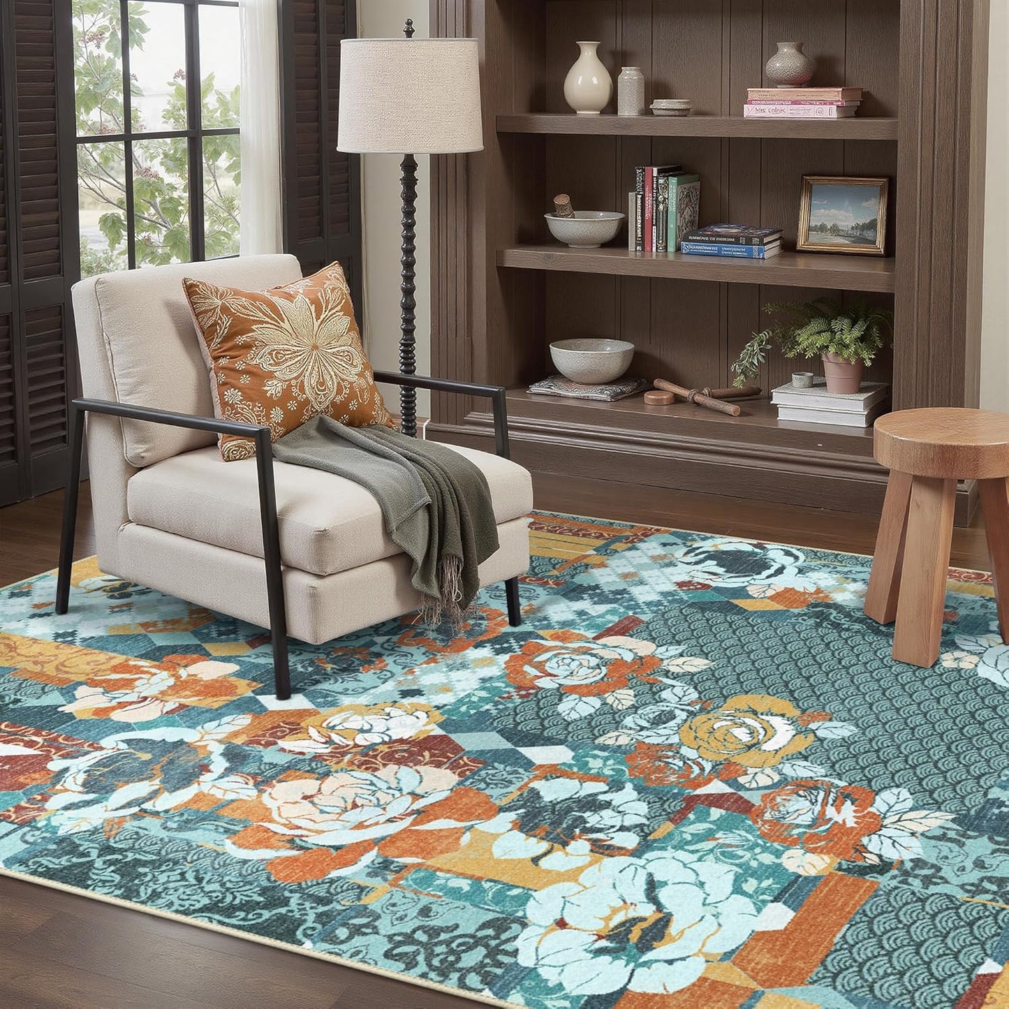 GENIMO 5X7 Floral Area Rugs for Living Room, Machine Washable Non Slip Vintage Patchwork Washable Rug, Ultra-Thin Low Pile Chenille Rugs for Bedroom, Dining Room, Navy Blue