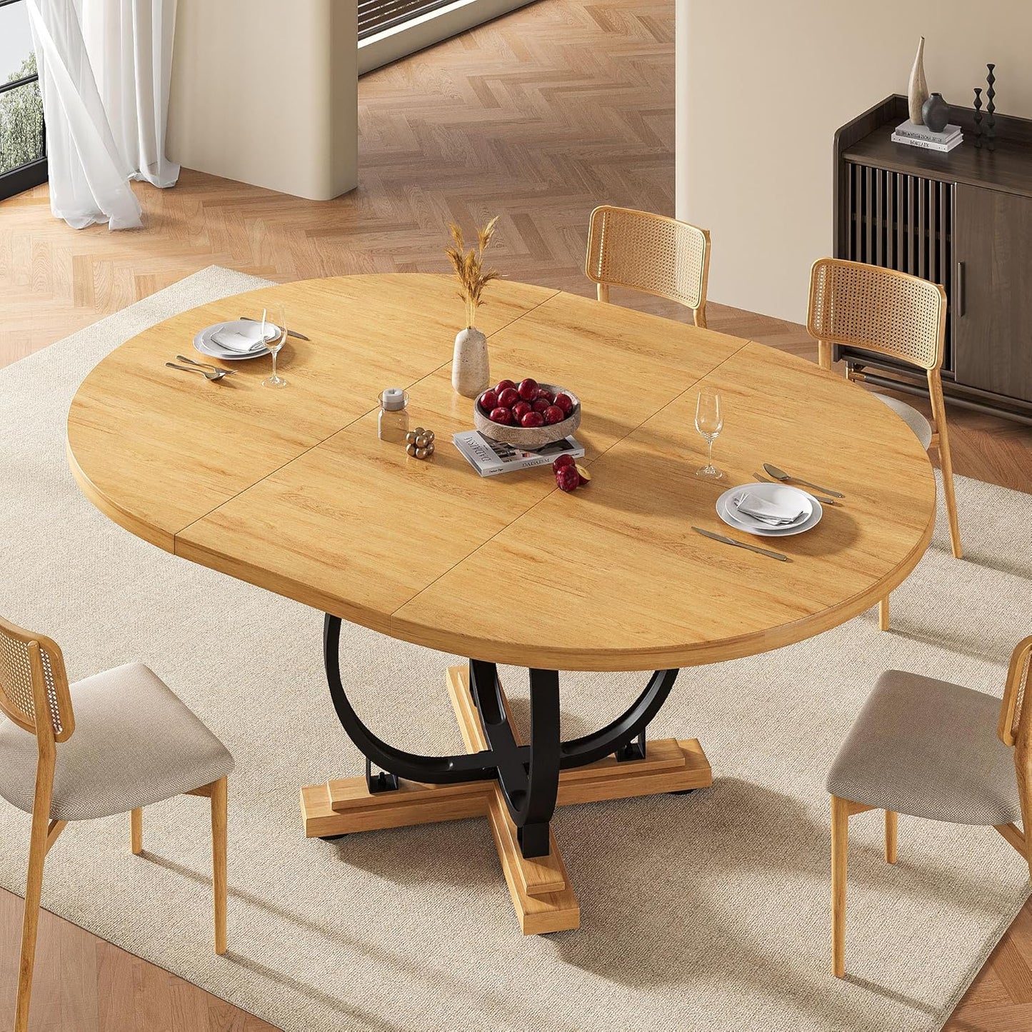 59" Round Extendable Dining Table for 4-6, Modern Oval Kitchen Table with Heavy Duty Curved Legs & Wood X-Based, MDF Board with Spring Buckle, Space Saving, Dining Kitchen Living Room, Oak