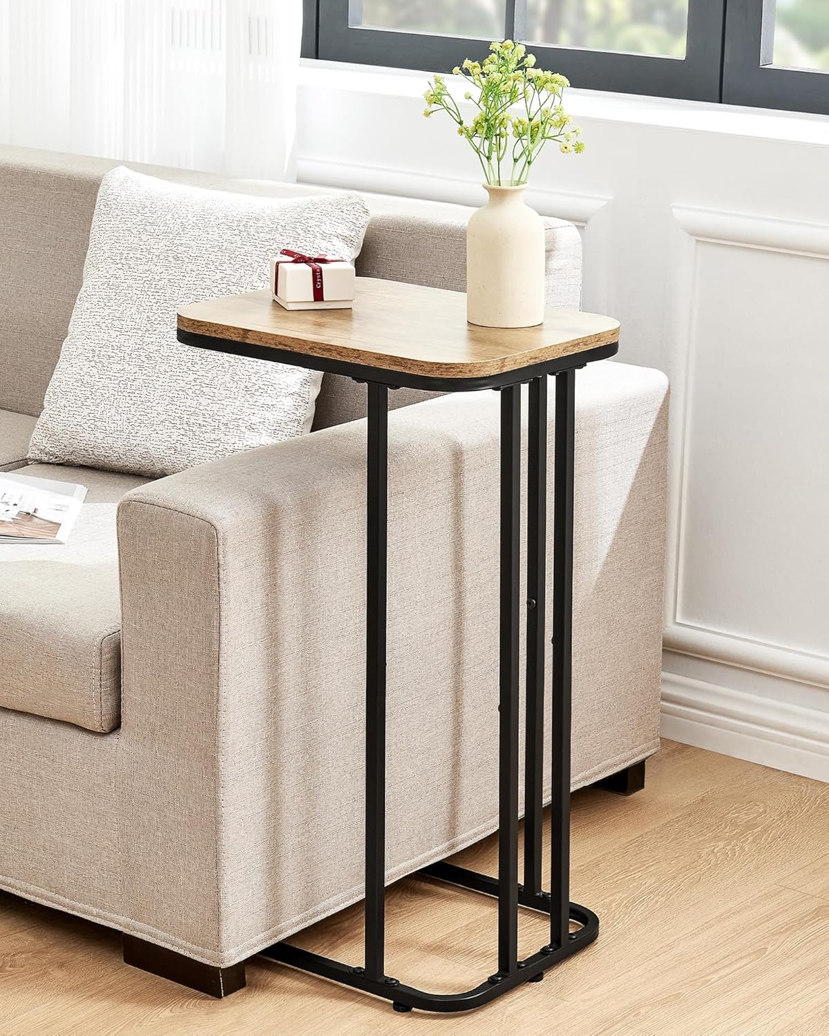 C Shaped End Table Set of 2, Small Side Table for Sofa and Bed, Couch Tables That Slide Under, Tall Tv Tray Table for Living Room, Bedroom, Greige + Black