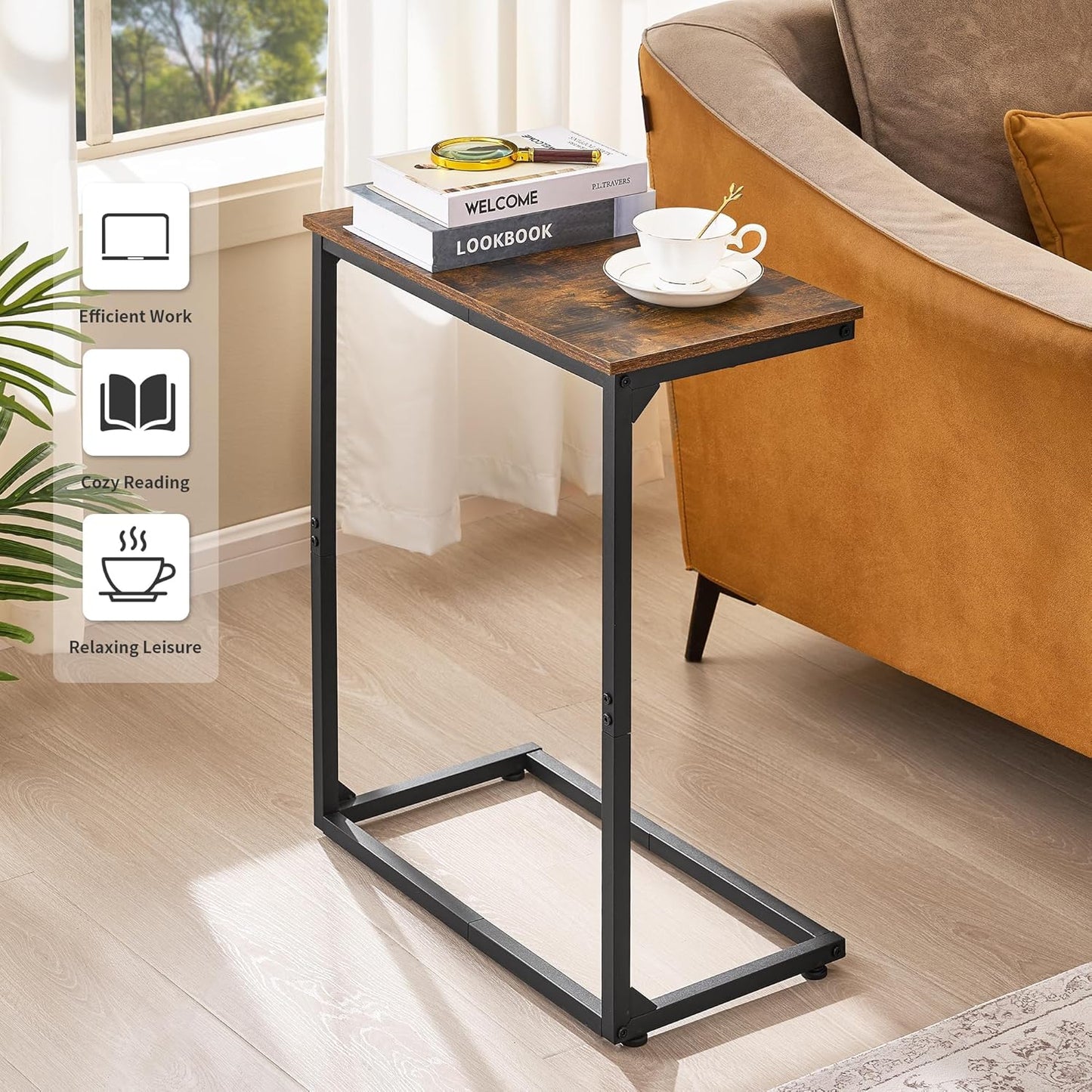 C Shape End Table, Large Surface Couch Table, C Table Sofa Side End Table, Side Table for Couch Slide Under, for Living Room, Bedroom, Home Office, Rustic Design, 21.7" D x 11.8"W x 26.4"H