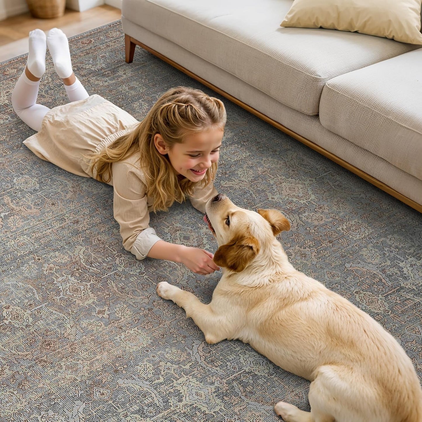 9X12 Area Rugs Machine Washable Rugs for Living Room, Vintage Boho Large Rugs for Bedroom Dining Room, Non Slip Indoor Soft Distressed Lightweight Thin Low Pile Carpet, Dusty Blue