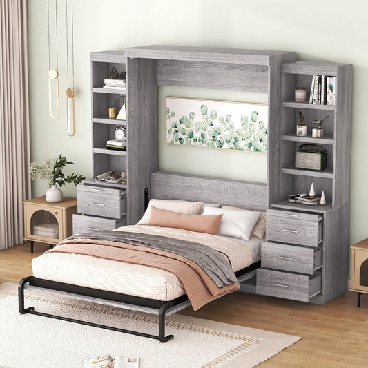 Full Size Murphy Bed with Storage Shelves and Drawers,Easy Fold Wood Wall Bed, Space-Saving Murphy Bed Cabinet for Guest Room Home Office,Gray