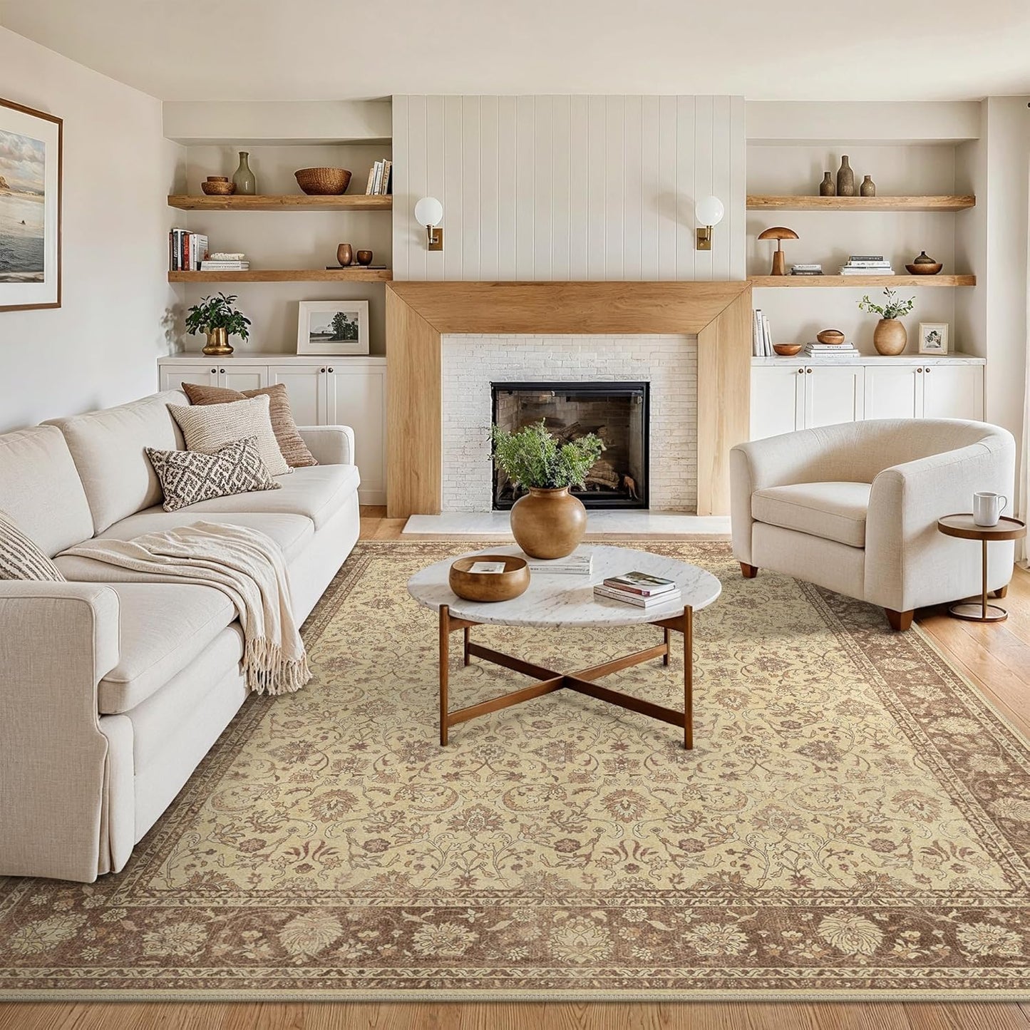 8X10 Area Rugs Machine Washable Rugs for Living Room, Vintage Boho Large Rugs for Bedroom Dining Room, Non Slip Indoor Soft Distressed Lightweight Thin Low Pile Carpet, Light Brown