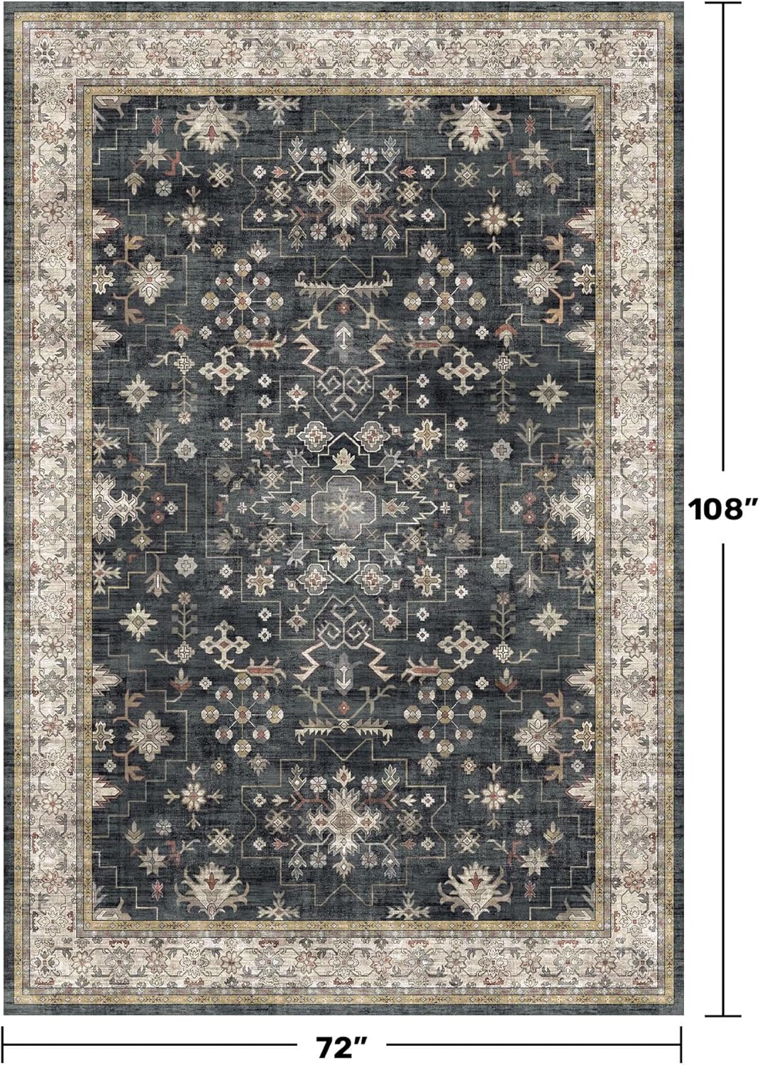 Boho Dining Room Rugs for Under Table - 6x9 Washable Black Area Rug for Living Room, Low Pile Non-Slip Rugs for Bedroom, Office - Charming Farmhouse Decor & Stain Resistance (6x9 Black/Multi)