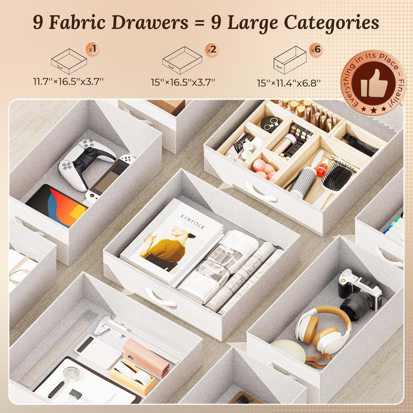 PRAISUN 54 Inch Office Desk with Outlets, Computer Desk with 9 Fabric Drawers, Writing Gaming Work Study Desk for Bedroom, Living Room, Home Office, Large Storage, White