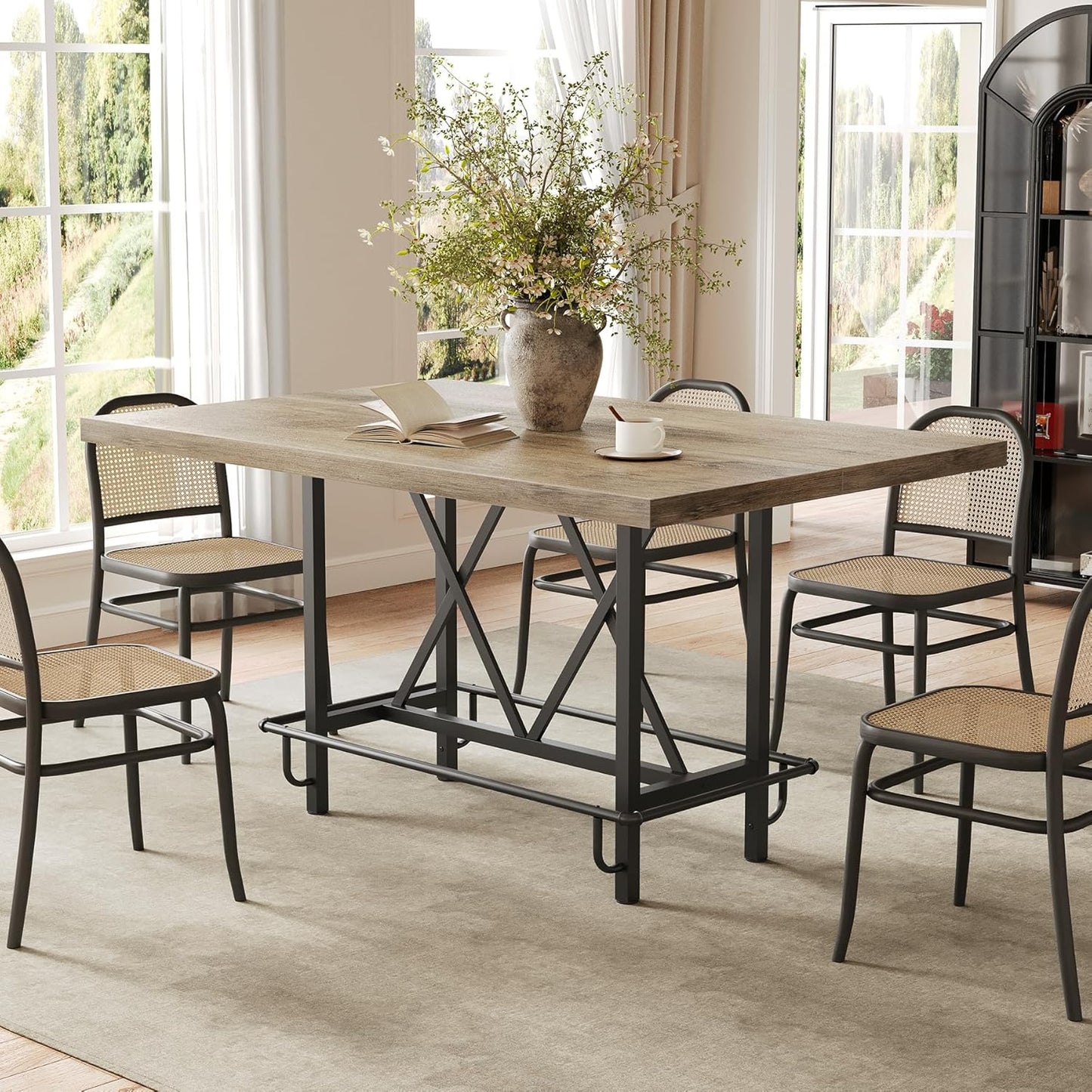 LITTLE TREE 63-Inch Industrial Bar Table with Metal Footrest, Counter Height Pub Table for Kitchen, Home Bar & Entertaining (Rustic Gray)