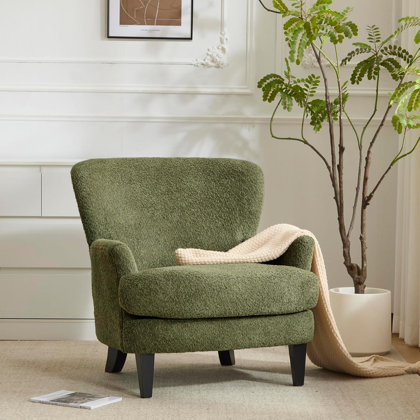 Christopher Knight Home Colby Boucle Upholstered Club Chair, Living Room Accent Chair, Wooden Frame, Flared Armrest, Plush Thick Cushion, Reading Lounge Chair, Space-Saving Furniture, Olive Green