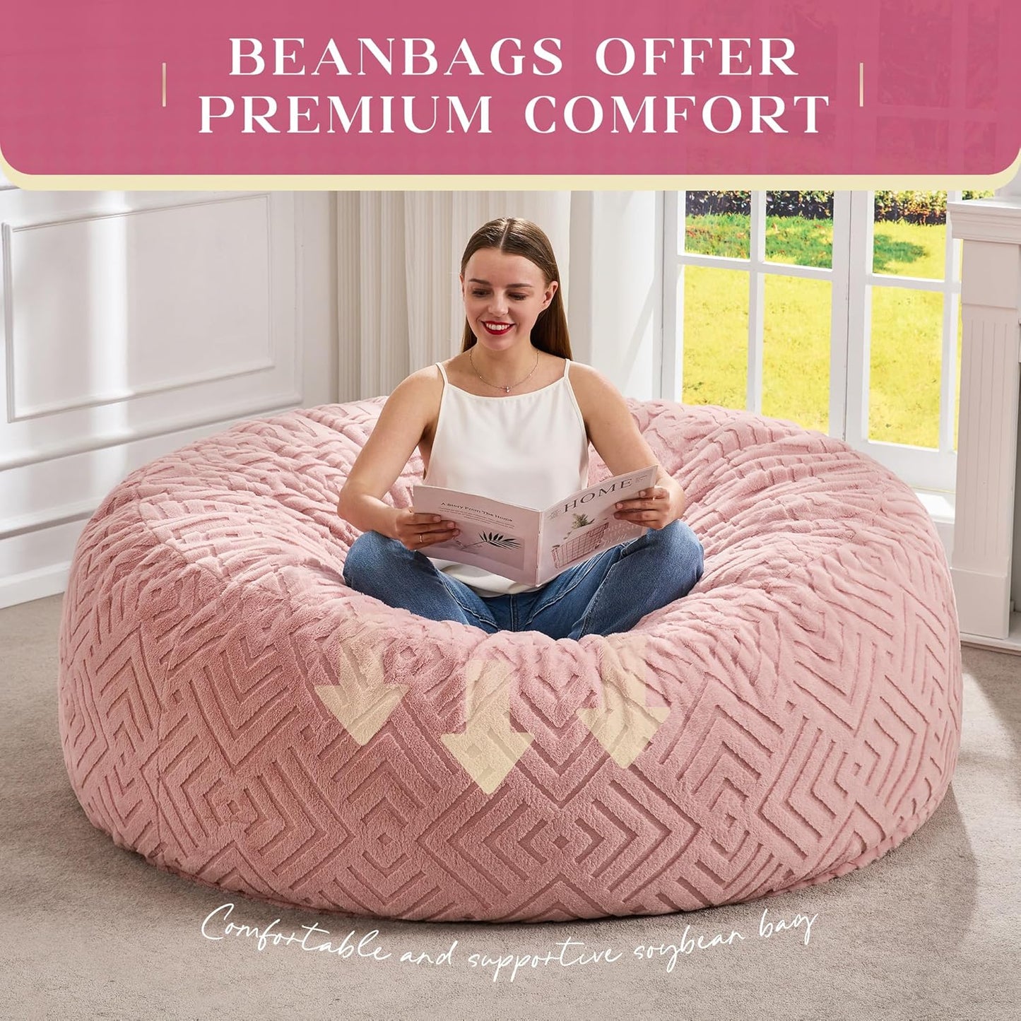 Hobestluk Bean Bag Chairs Adults Beanbag Chair with Filler Large Bean Bags with Fluffy Embossed Cover, Giant Bean Bag Chairs for Adults (Pink, 5FT - 50” x 50” x 24”)