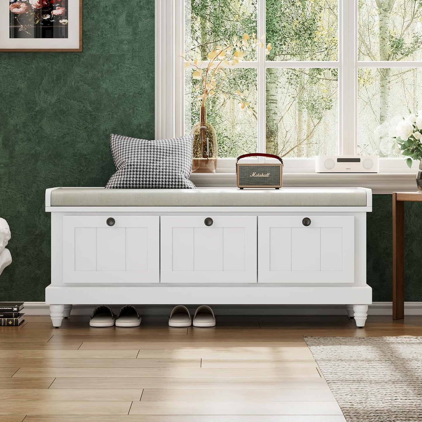 Merax Classic Storage Bench with Cushioned Seat and Three Drawers for Entryway & Living Room & Bedroom, White