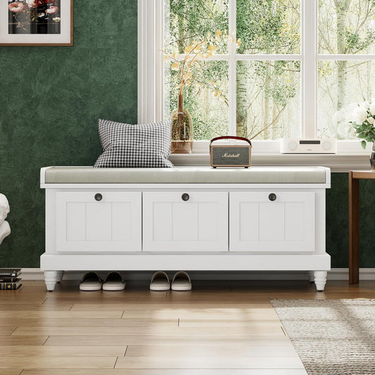 Merax Classic Storage Bench with Cushioned Seat and Three Drawers for Entryway & Living Room & Bedroom, White