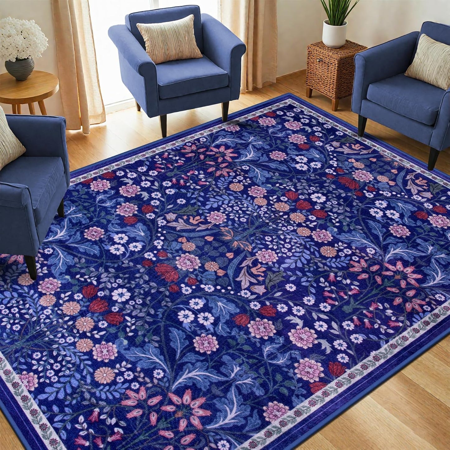 Area Rug Living Room Rugs: Floral 4x6 Washable Rug Vintage Soft Boho Non-Slip Carpet Indoor Floor Stain Resistant Large Carpets for Bedroom Dining Room Farmhouse Nursery Hallway Home Office Blue