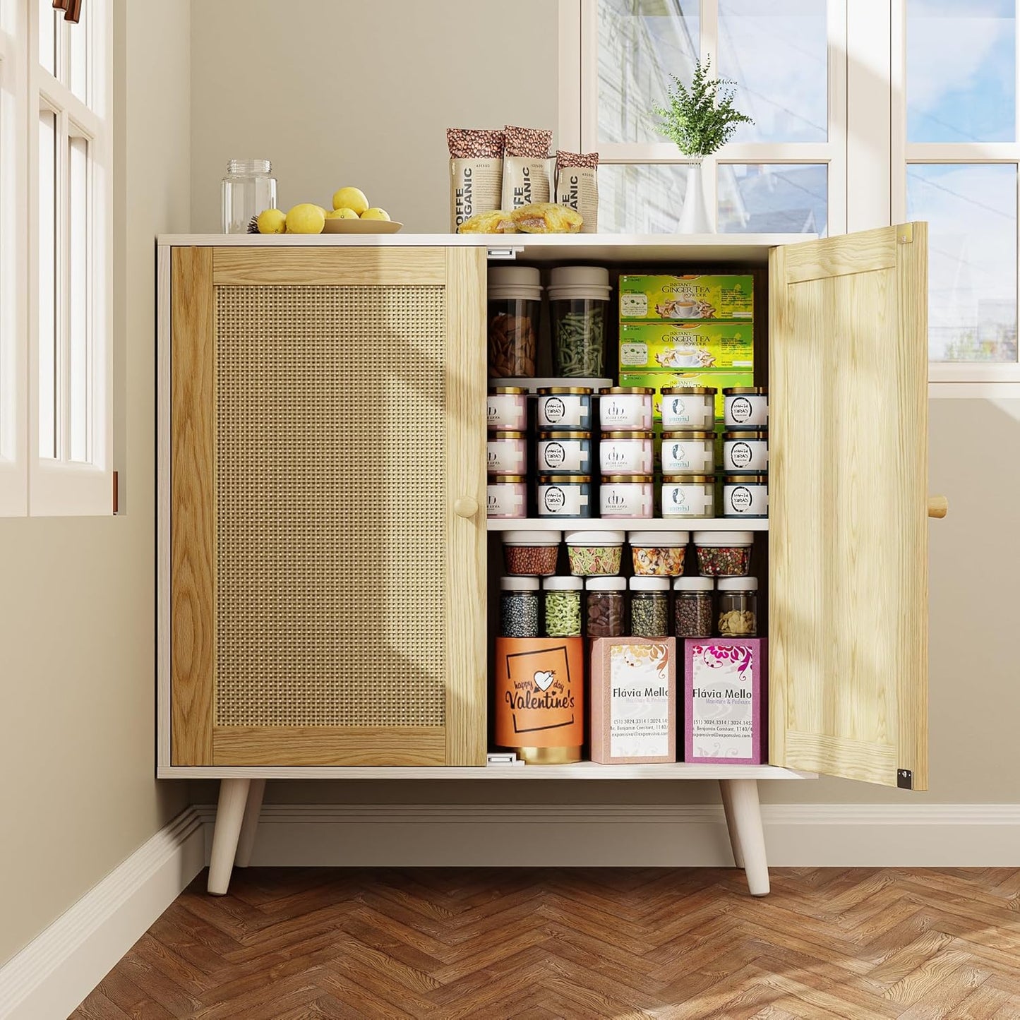 Rattan Storage Cabinet, Small Sideboard Buffets Storage Cabinet with Doors for Kitchen & Entryway Storage, White