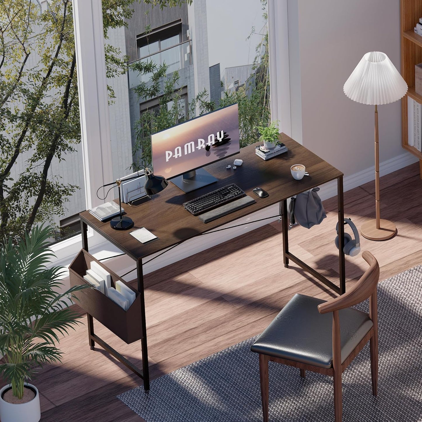 Pamray 47 Inch Computer Desk for Small Spaces with Storage Bag, Home Office Work Desk with Headphone Hook, Small Office Desk Study Writing Table