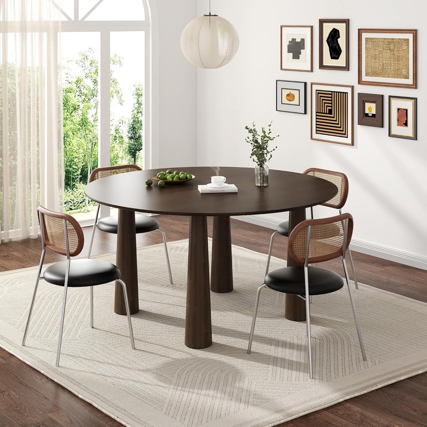Casaphoria 59" Round Dining Table, Kitchen Table for 6 with Arc-Shaped Edge Top and Cylindrical Legs, Easy Assembly for Living Room, Dining Room, Walnut