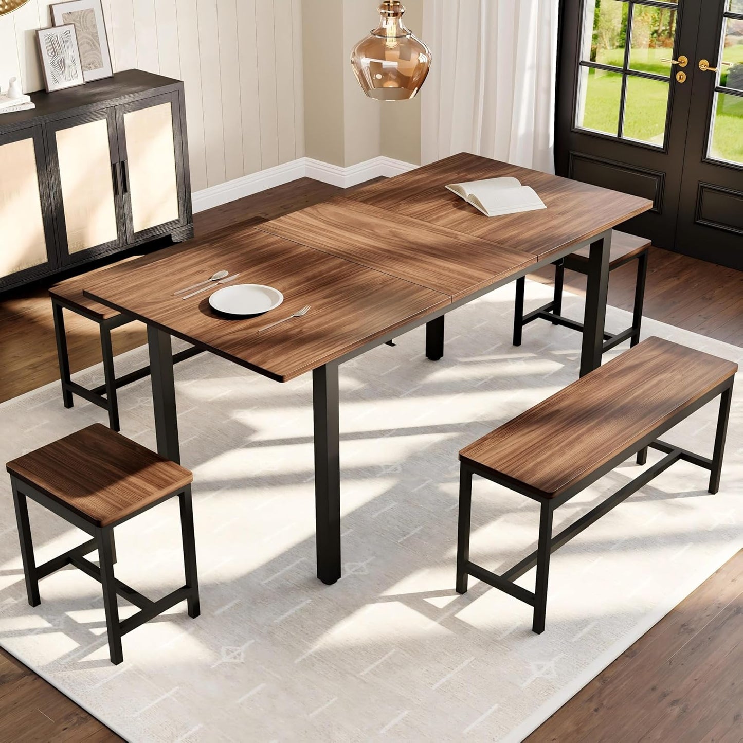 IDEALHOUSE 5-Piece Extendable Dining Table Set for 4-8 People, 63 Inch Kitchen Table with 2 Benches & 2 Stools, Space Saving Modern Dining Room Furniture, Easy Assembly, Brown