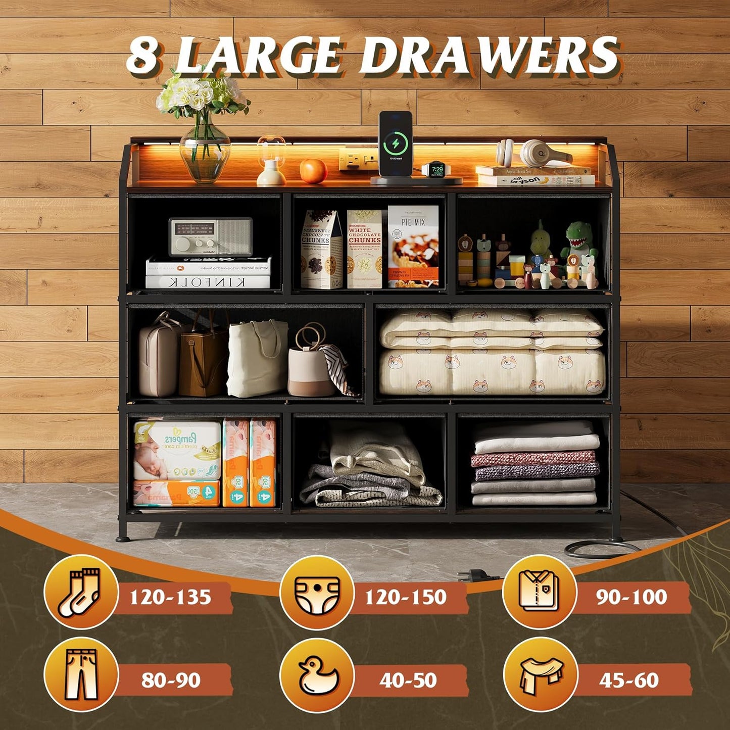 WLIVE Dresser TV Stand with Power Outlets, Led Dresser for Bedroom, Fabric Chest of Drawers with Double Open Shelves, Wood Top, Steel Frame, 6 Drawer Dressers for Closet, Living Room, Dark Grey