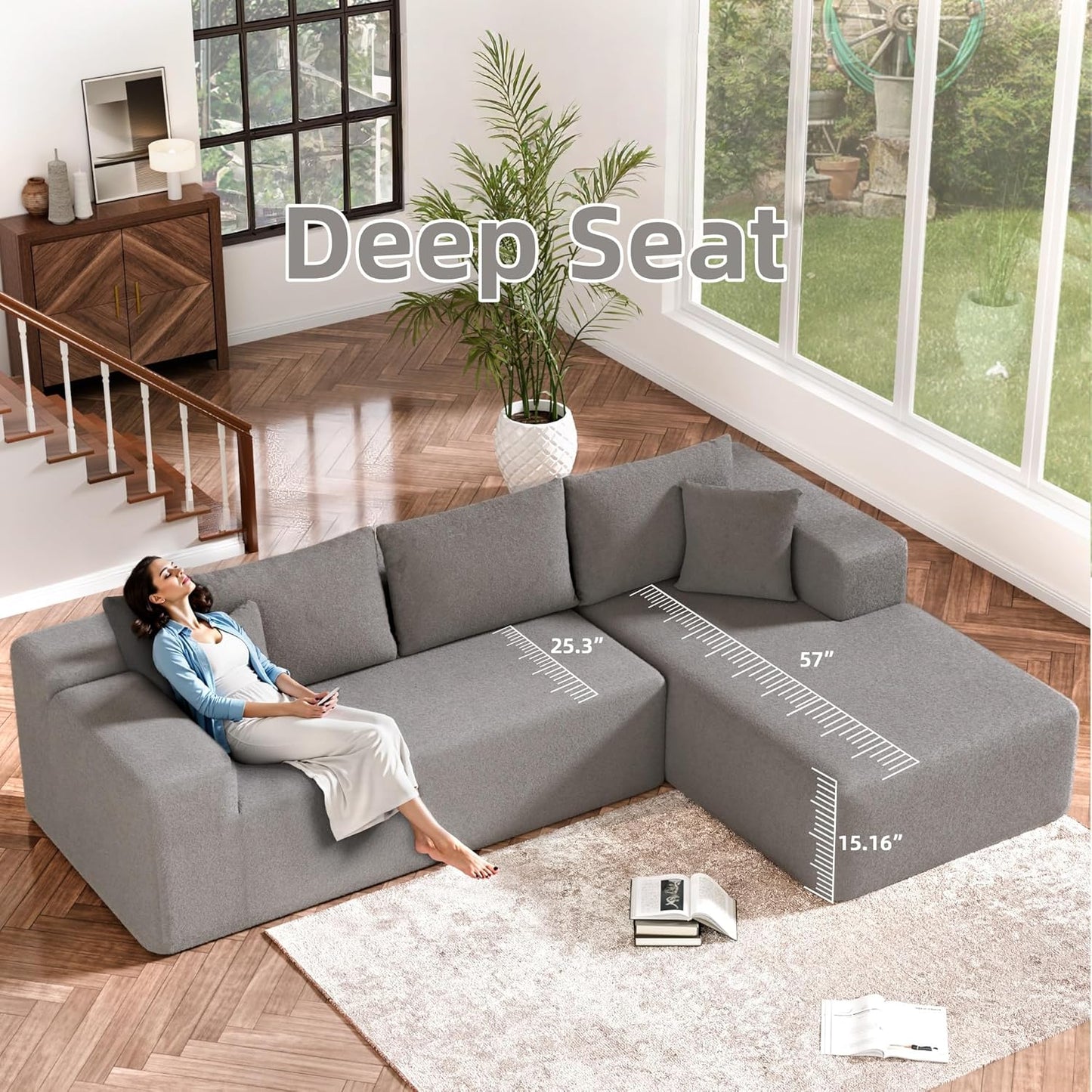 Cloud Sectional Couch, 104”L-Shape Oversized Sofa with Left Chaise Lounge, Modular Sleeper Couch with Pillows & Deep Seat, Rain Drop Velvet Fabric Compressed Sofa for Living Room, Light Gray