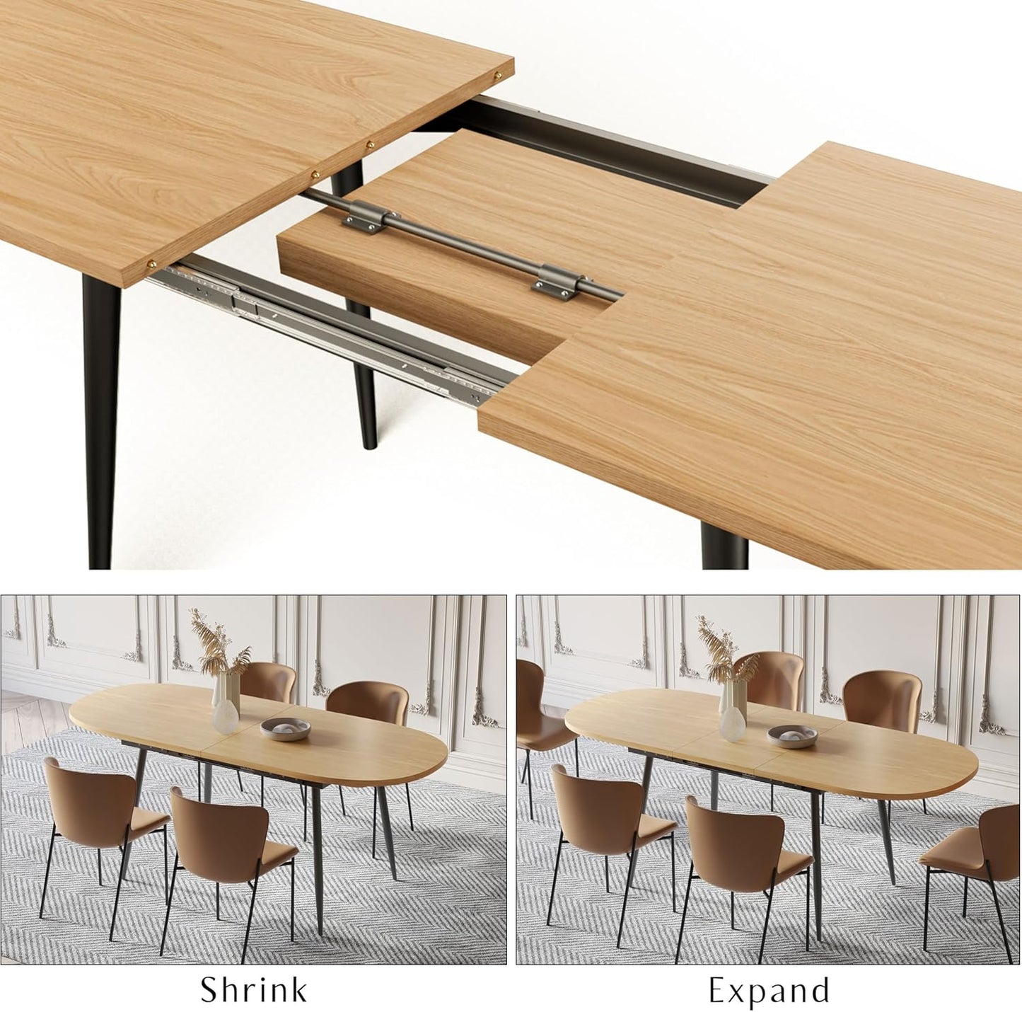 75" x 32" Extendable Dining Table - Oval Wooden Table Top with Metal Legs, Space-Saving Extendable 59" to 75" Dining Kitchen Table (Oval, Natural)