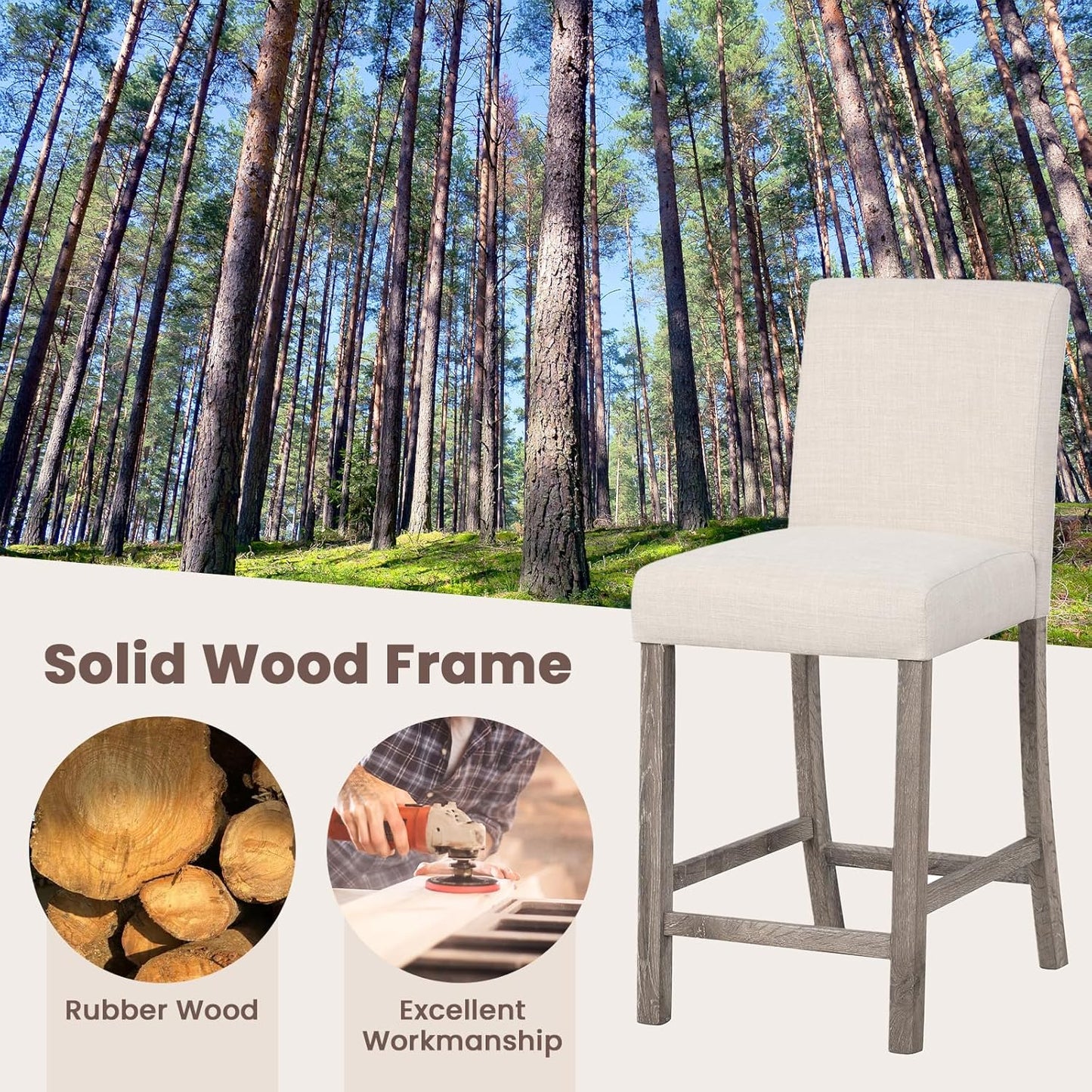 COSTWAY Upholstered Counter Height Stools Set of 2, Bar Stools w/Ergonomic Backrest, Solid Wood Frame, 24.5” Fabric Counter Height Chairs for Kitchen Island, Dining Room, Pub (Beige)