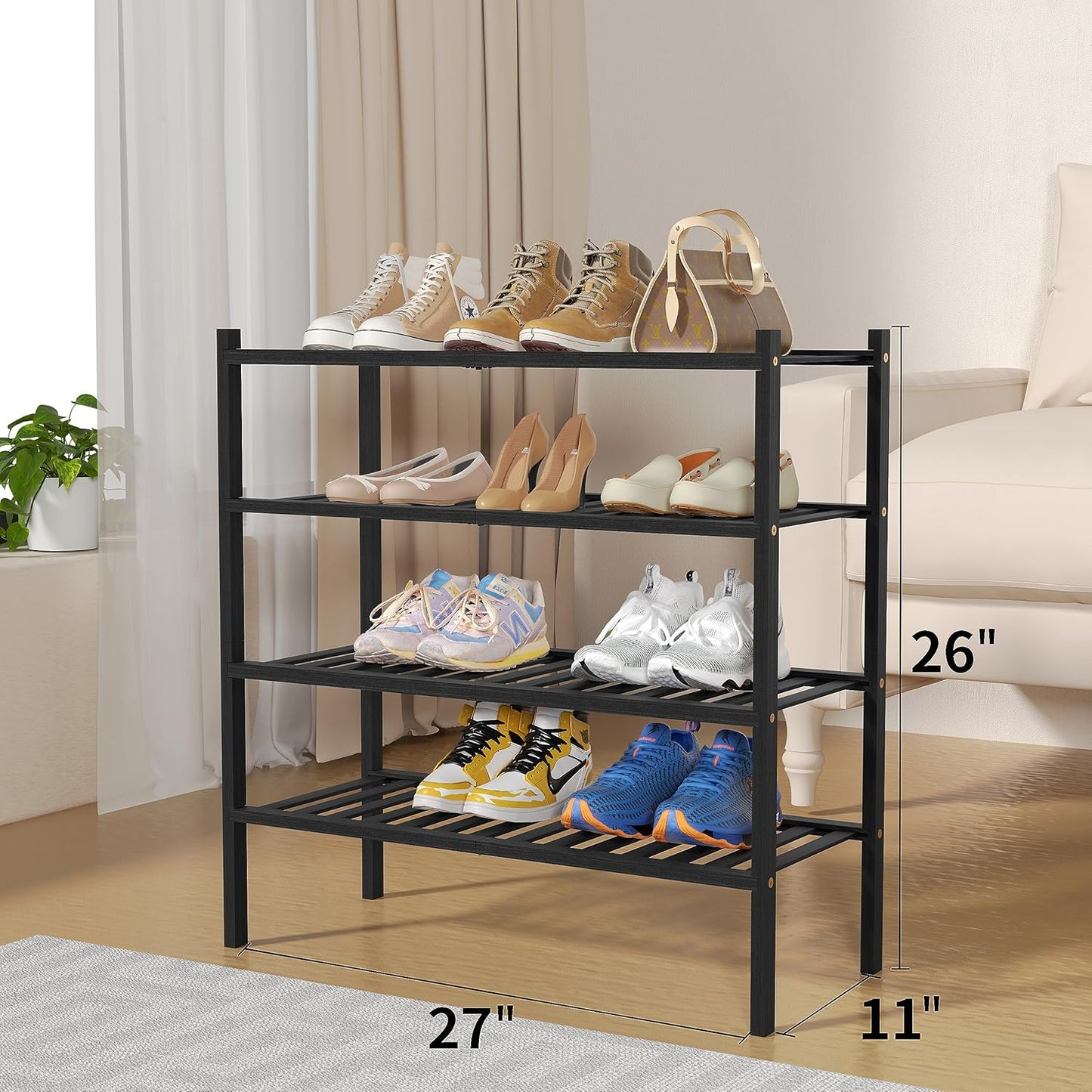 4 Tier Bamboo Shoe Rack for Closet Free Standing Wood Shoe Shelf for Entryway Small Space Stackable 27"x11"x26" (Black)