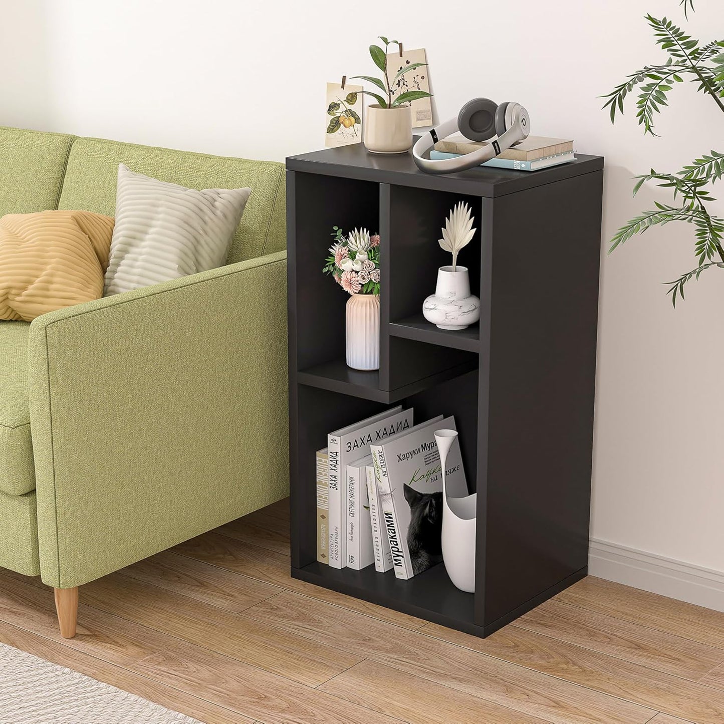 VECELO Small Bookshelf, 3 Cube Shelf, Fits Tallest Hardcovers, Horizontal Available, Modern Storage Organzier for Small Spaces, Matte Black
