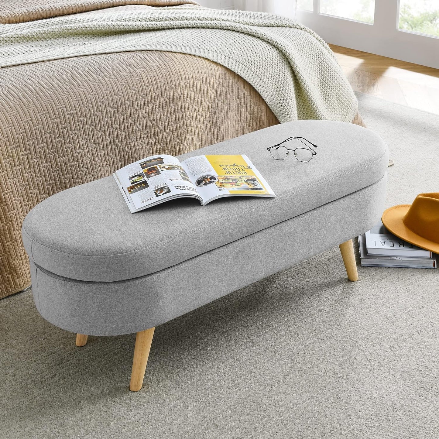 Ottoman Oval Storage Bench with Rubber Wood Legs,Linen Fabric Storage Footstool,for Bedroom, Entryway, Living Room, Grey(43.5"x16"x16")