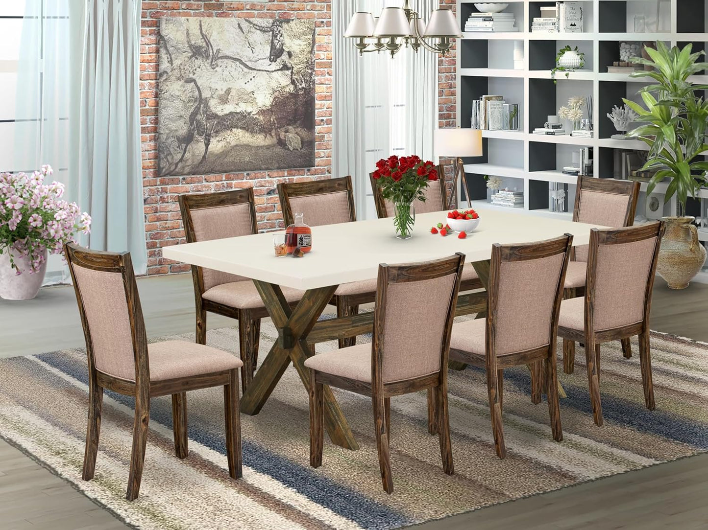 East West Furniture X727MZ716-9 9 Piece Dining Room Table Set Includes a Rectangle Dining Table with X-Legs and 8 Dark Khaki Linen Fabric Upholstered Chairs, 40x72 Inch, Multi-Color