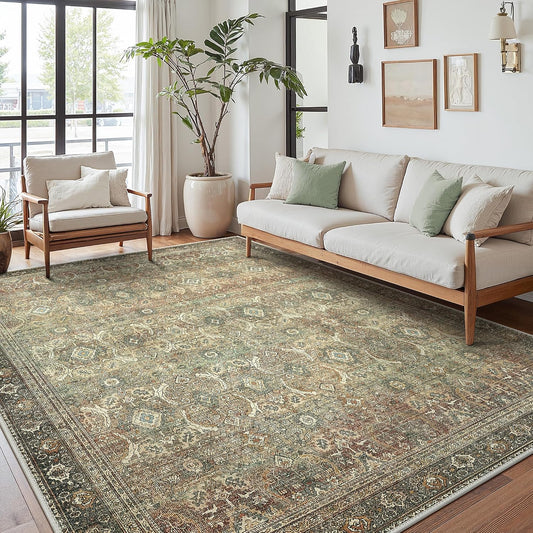8X10 Area Rugs Machine Washable Rugs for Living Room, Vintage Boho Large Rugs for Bedroom Dining Room, Non Slip Indoor Soft Distressed Lightweight Thin Low Pile Carpet, Green Faded Red