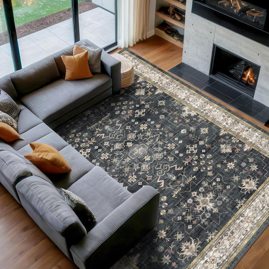 Black Boho Rug for Living Room 8x12 - Washable Dining Room Rugs for Under Table, Vintage Soft Low Pile Carpet for Bedroom, Non-Slip Farmhouse Bohemian Large Thin Carpet for High Traffic Area