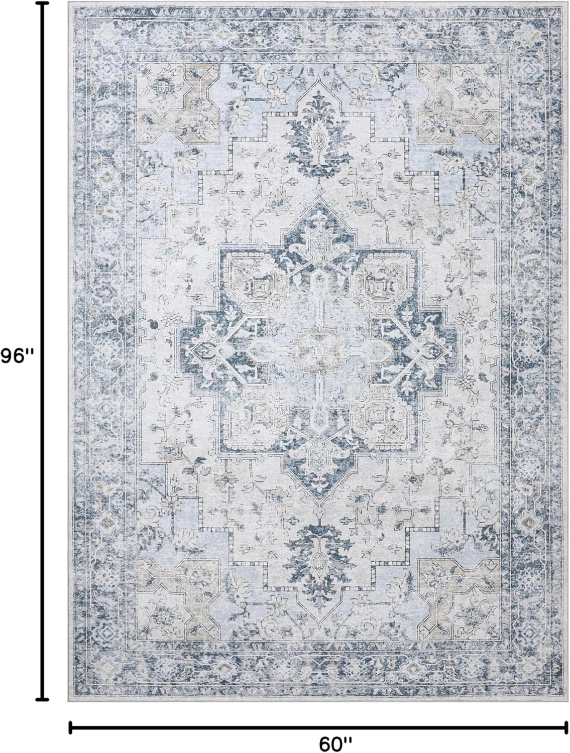 GENIMO 5x8 Area Rugs for Living Room, Machine Washable Low Pile Rugs, Chenille Non Alip Vintage Rug for Bedroom, Dining Room, Home Office, Blue