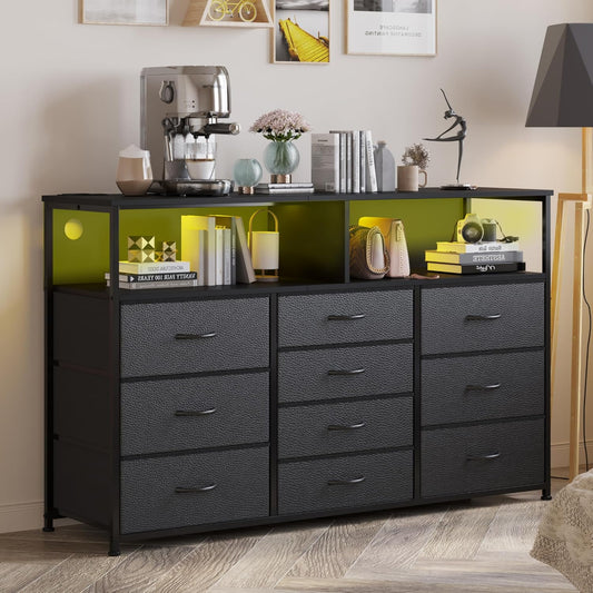 55W 10-Drawers Dresser with 2 Open Storage Shelves, TV Stand Dresser for 55,65 inch TV，with Power Outlets and LED Lights, Fabric Dressers Drawers for Bedroom, Living Room (Black)
