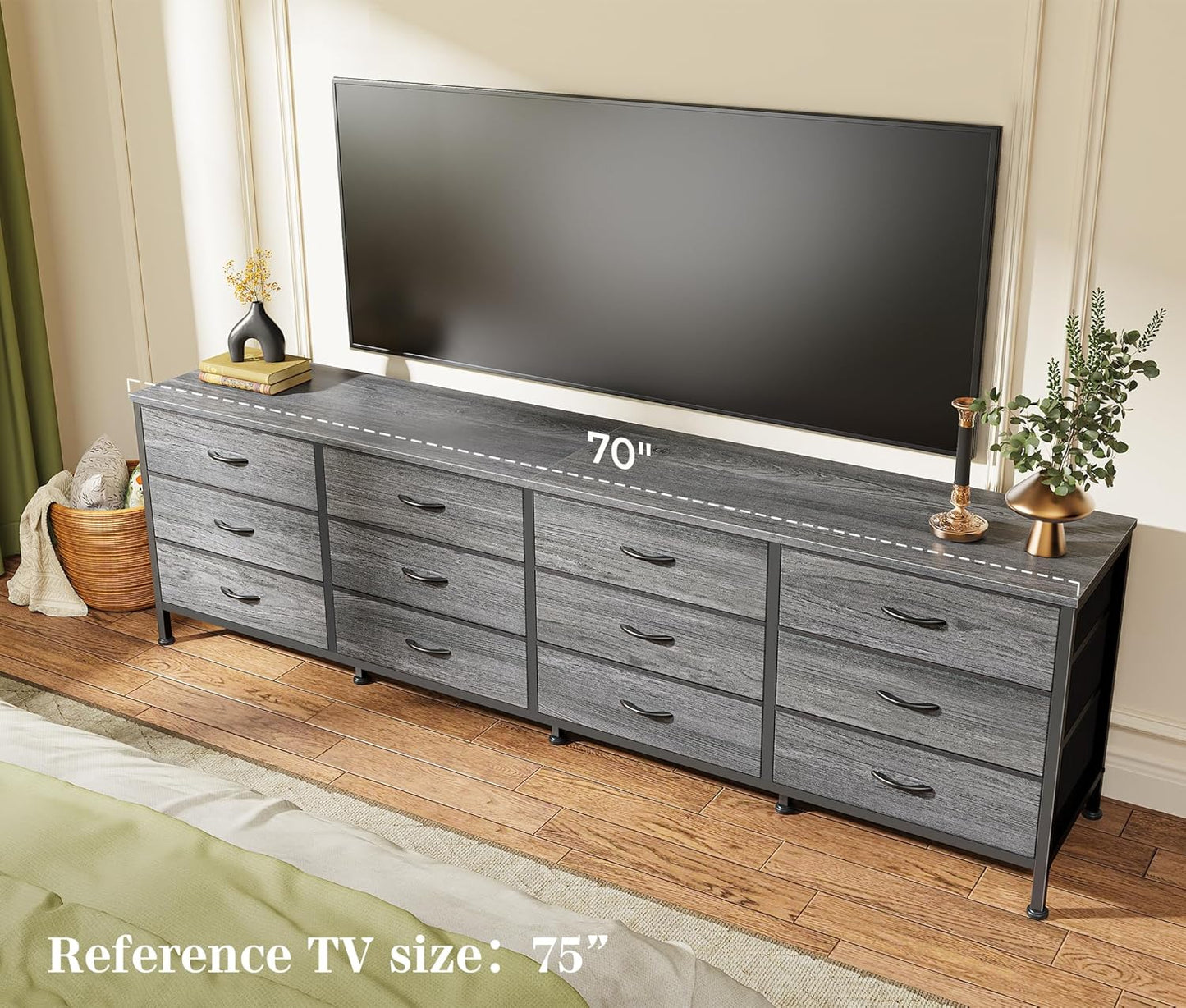 Huuger 70 Inch Dresser for Bedroom, TV Stand for 65, 75, 80 Inch TV, 12 Fabric Drawer Long Dresser, Large Storage Organizer Unit, Wide Chest of Drawer with Storage, for Living Room, Grey