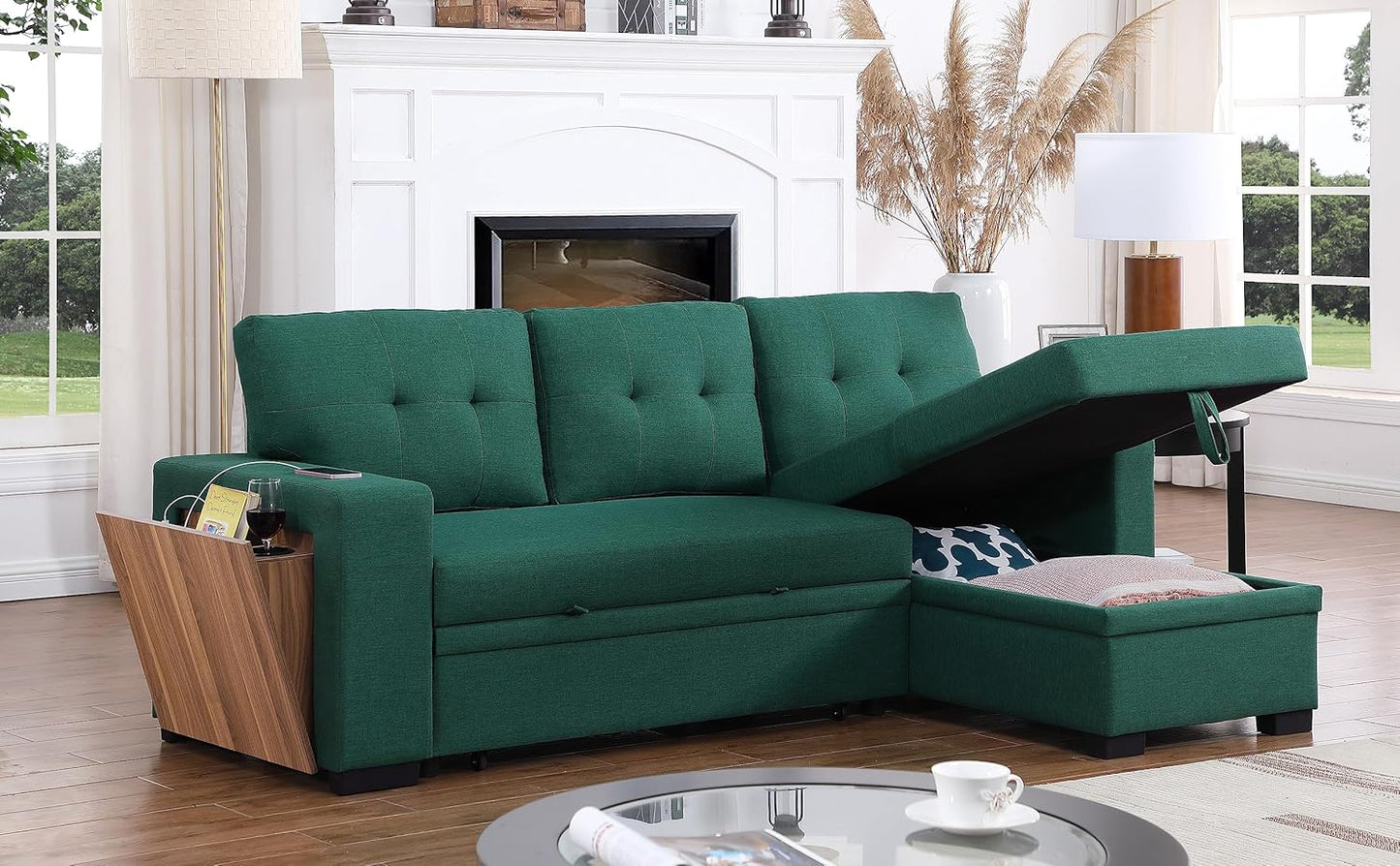 Devion Furniture Garisa 4-in-1 Convertible L Shaped Couch with Pull Out Bed and Storage, Sectional Sleeper Sofa with Reversible Chaise for Living Room, Apartment, Bedroom, Office