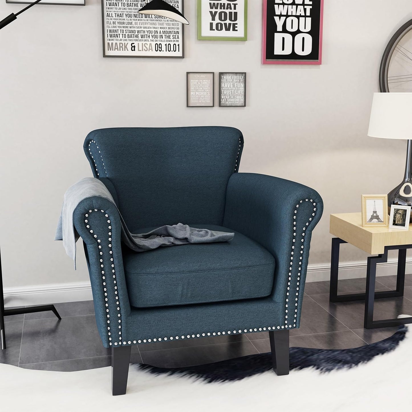 Ball & Cast Upholstered Living Room Chairs,Luxury Curved Design with Nailhead Trim and Subtly Rolled Armrests,Comfy Accent Chair Seating Furniture for Bedroom,Navy Blue