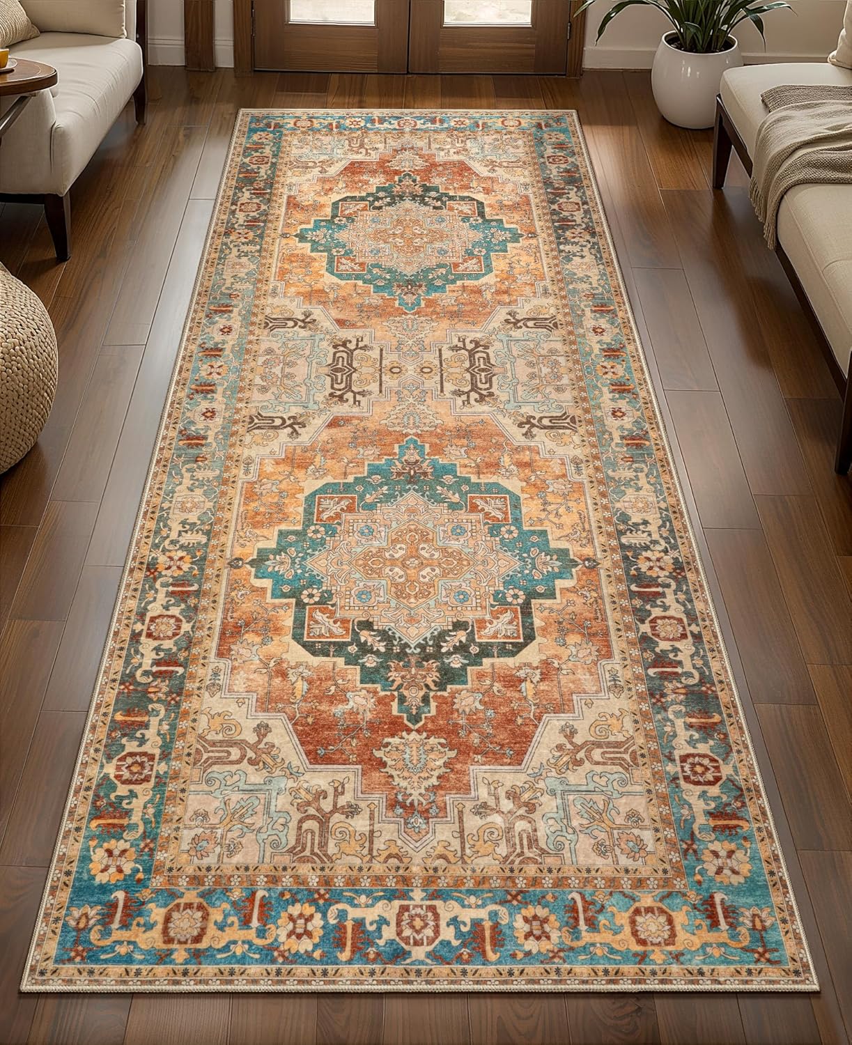 2x6 Washable Runner Rug for Hallways, Non Slip Vintage Rug, Soft Low Pile Long Print Distressed Carpet Runners for Kitchen Bedroom Entryway Bathroom Living Room Rusty Orange