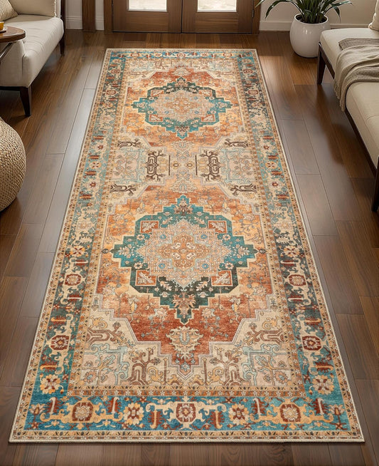 2x6 Washable Runner Rug for Hallways, Non Slip Vintage Rug, Soft Low Pile Long Print Distressed Carpet Runners for Kitchen Bedroom Entryway Bathroom Living Room Rusty Orange