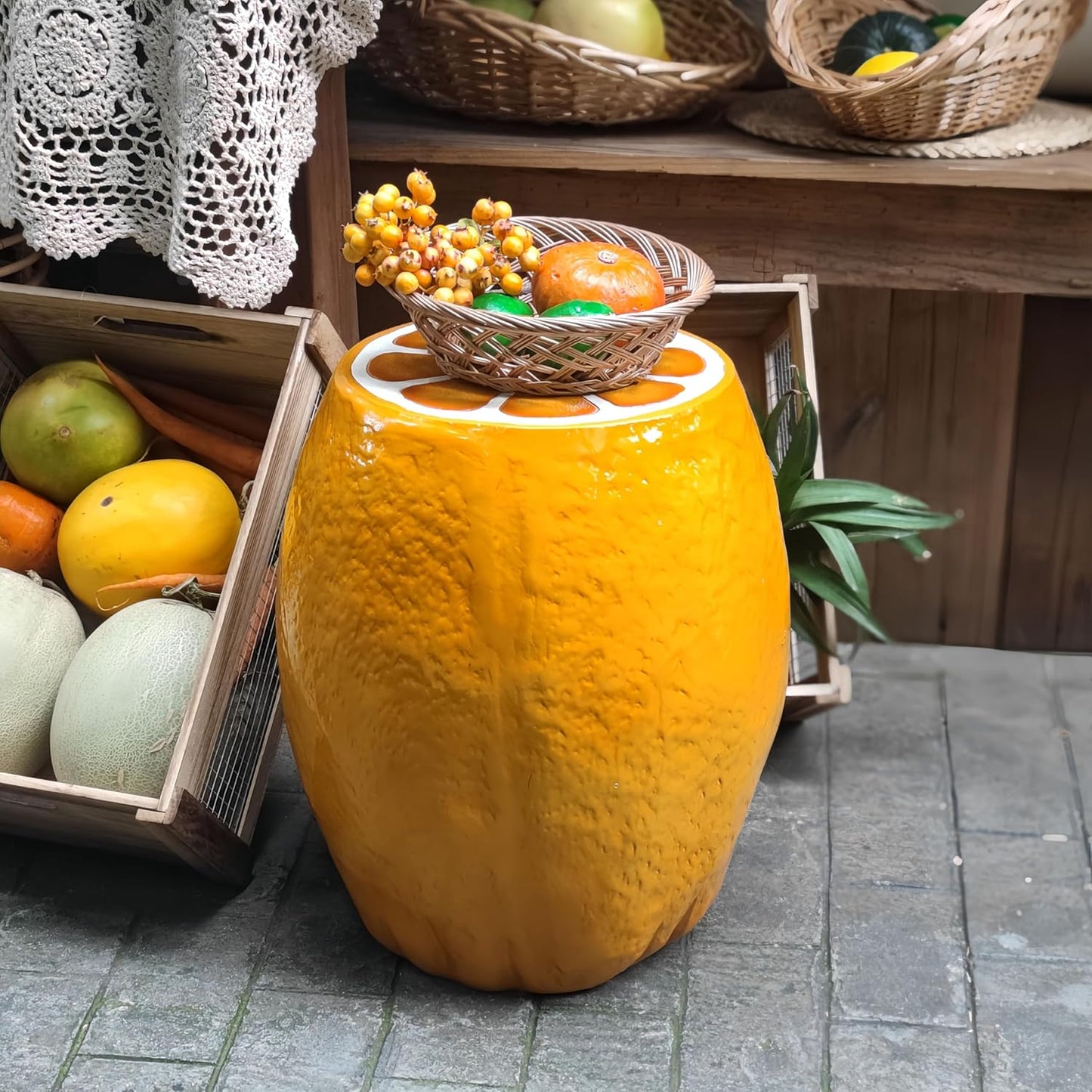 18" Orange Shaped Fruit-Inspired Side Table Orange Statue Indoor Outdoor Accent Seat Plant Stand MGO Garden Stool for Patio Balcony or Living Room Decor