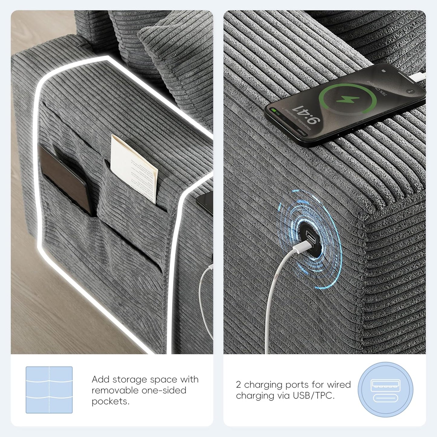 Merax 140'' Oversized Modular Sectional Sofa with Storage Ottoman and Console, Removable Storage Pockets, Cup Holder, Wide Seat, USB Charger, 6 Seat U Shaped Chenille Couch Set for Living Room, Gray