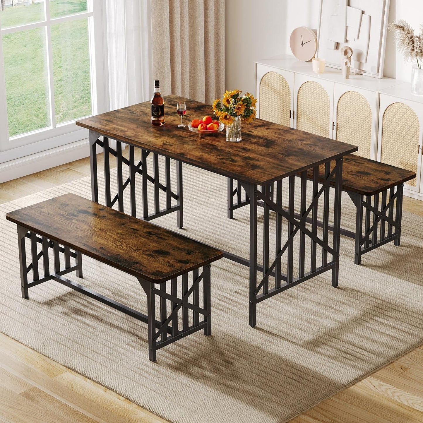 DWVO 3-Piece Kitchen Table with 2 Bench 47.2 Inch Dining Table Set for 4 People Industrial Rectangular Dining Room Furniture Set with Storage for Kitchen Rustic Brown