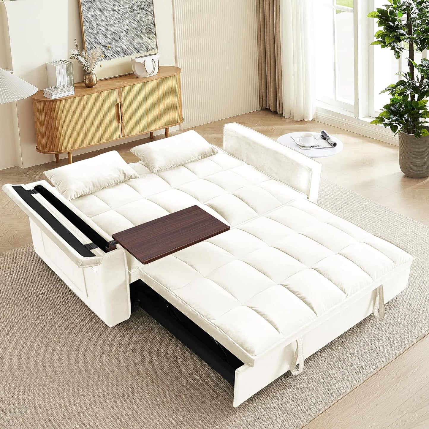 Ball & Cast 55" 3 in 1 Sleeper Sofa Bed Velvet Upholstered Pull Out Couch with Adjustable Back & 2 Pillows,Convertible Futon Sofa Bed W/Hidden Side Table,Side Pocket & USB Port,for Living Room,Beige