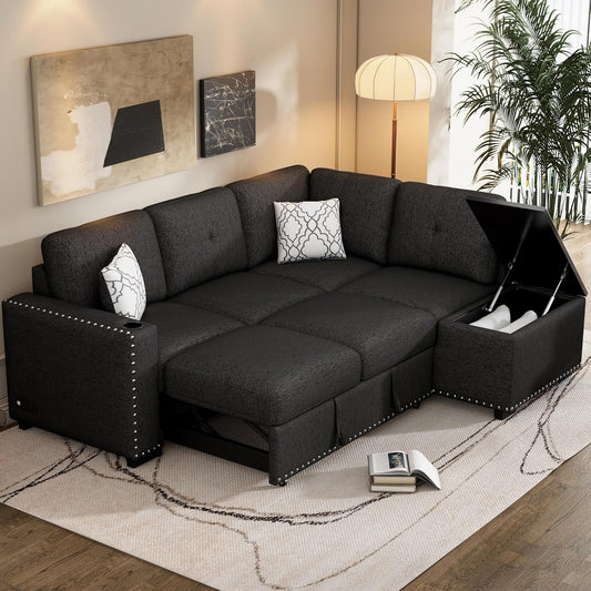 Merax Modern 83.8" Sectional Couch Bed with Storage Chaise/USB Ports/Cup Holder, L-Shape Pull Out Sleeper Sofa for Living Room, Black