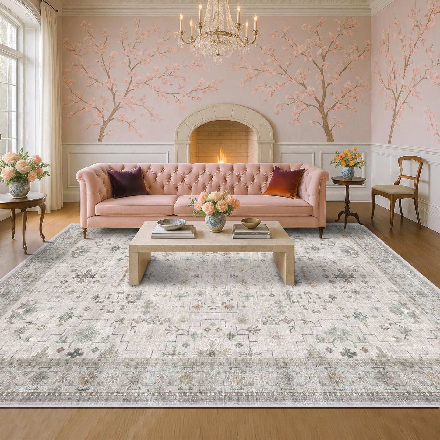 Boho Light Grey Living Room Rug 10x12 - Modern Vintage Eclectic Floral Pastel Neutral Taupe, Washable Low Pile Non-Slip Extra Large Area Rugs for Dining Under Table Bedroom Lounge