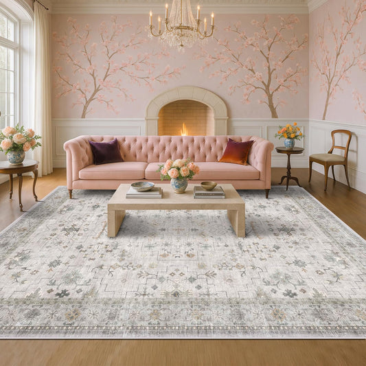 Boho Light Grey Living Room Rug 10x12 - Modern Vintage Eclectic Floral Pastel Neutral Taupe, Washable Low Pile Non-Slip Extra Large Area Rugs for Dining Under Table Bedroom Lounge
