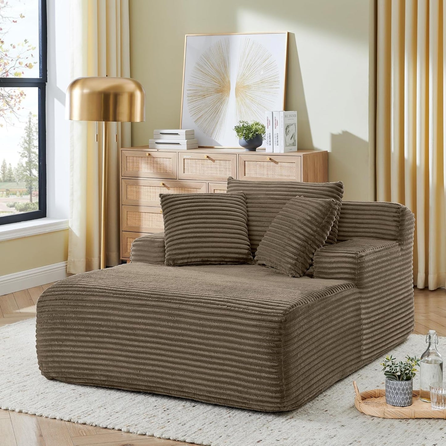 Oversized Chaise Daybed Lounge Sleeper Chair Sofa Bed Indoor, Fluffy Corduroy Upholstered Sleeper Recliner Sofabed Extra Wide Full Foam Cloud Sofabed W/3 Pillows for Home/Apartment Living Room Bedroom