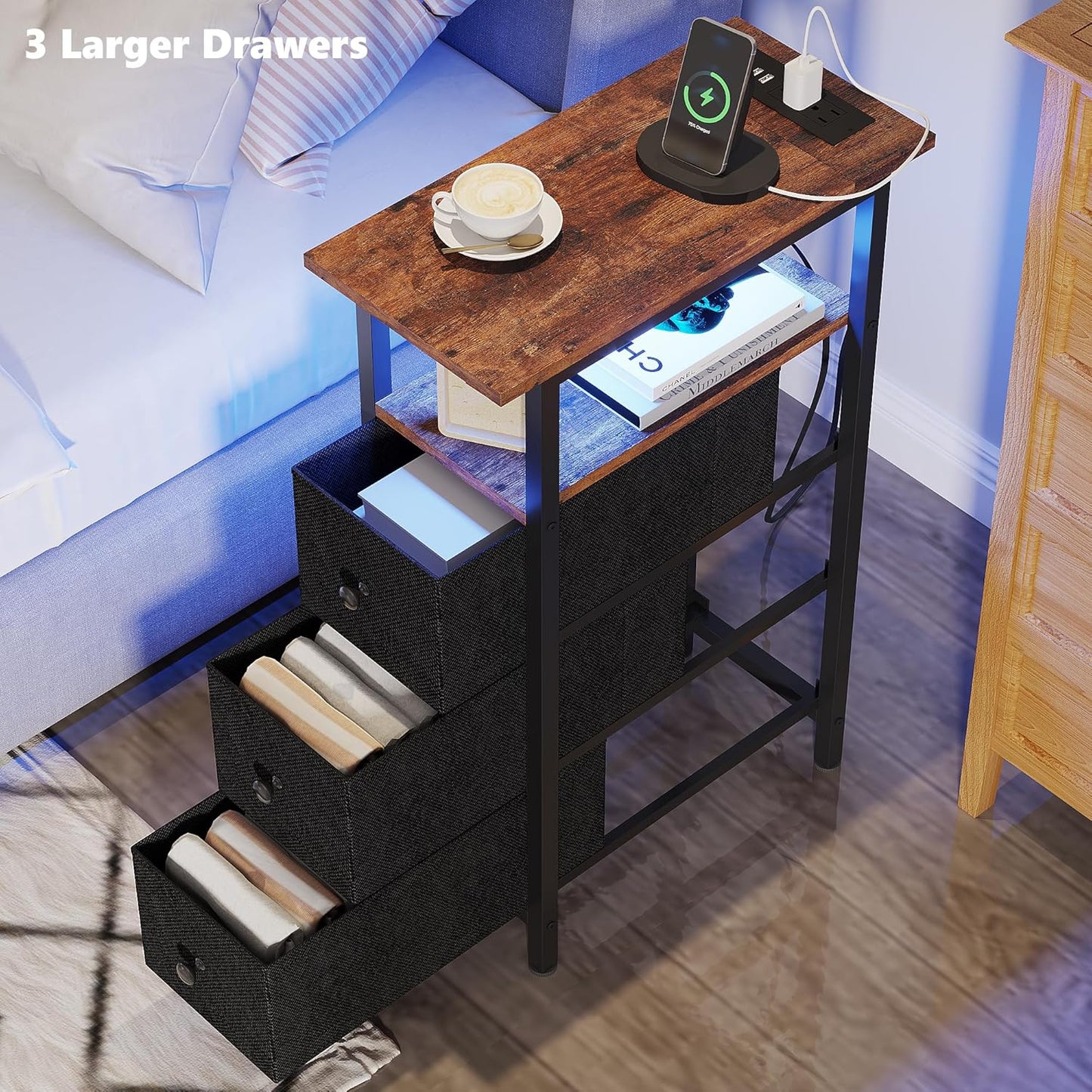 End Table with Charging Station, Narrow Side Table with 3 Fabric Drawers, Skinny Nightstand with LED Light, Slim Bedside Table for Bedroom, Living Room, Small Spaces, Rustic Brown and Black