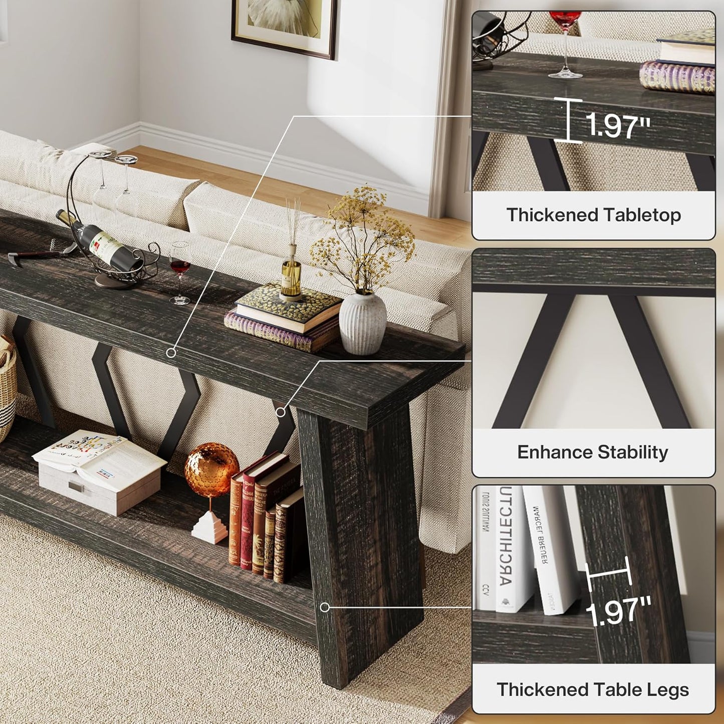 Tribesigns 70.86-Inch Long Sofa Table for Living Room, 2-Tier Narrow Console Table with Storage, Wood Foyer Entryway Couch Table for Hallway, Entrance (Dark Gray)