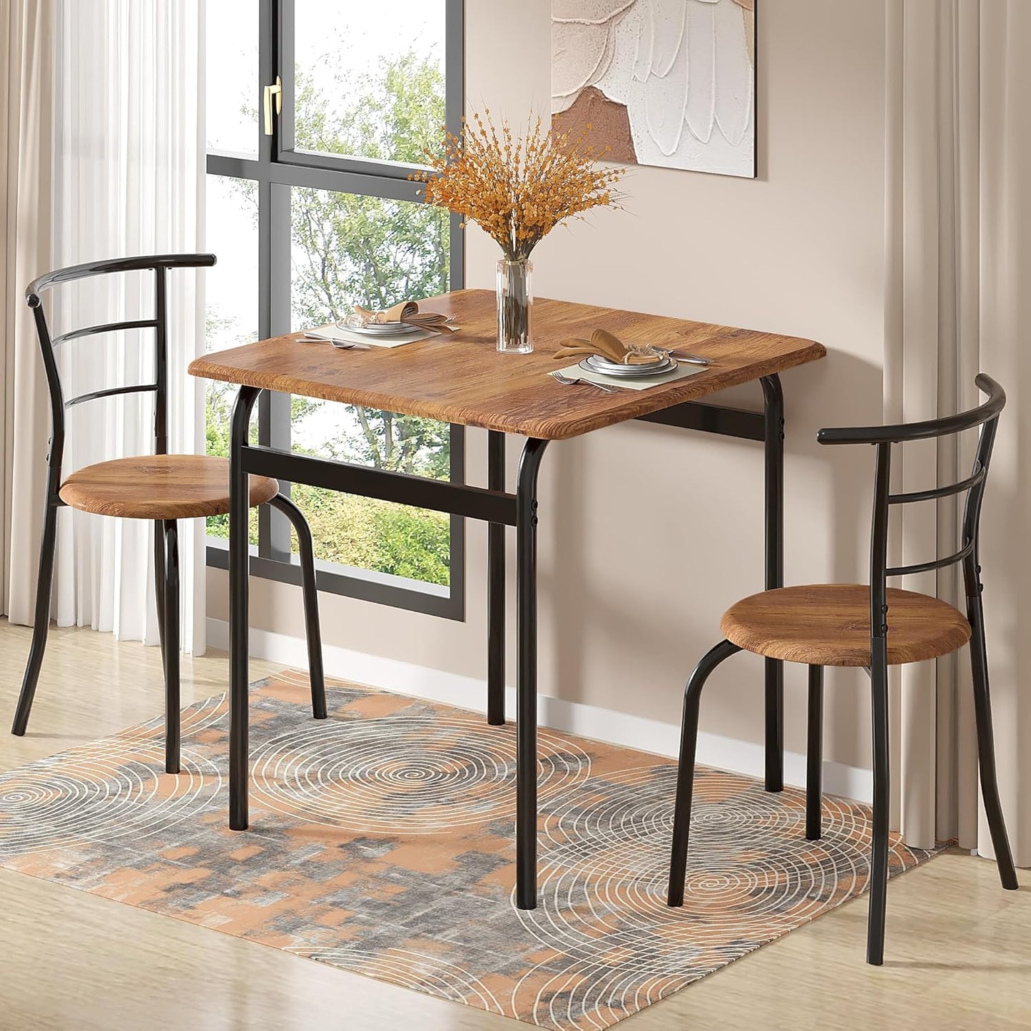 VECELO Dining Table Set for 2, 3-Piece Modern Dinette with Chairs for Small Space, Kitchen, Breakfast Nook, Brown